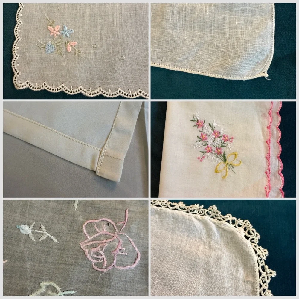 Vintage Handkerchief Embroidered Floral Lace Trim Cotton Linen Blend Set of 2